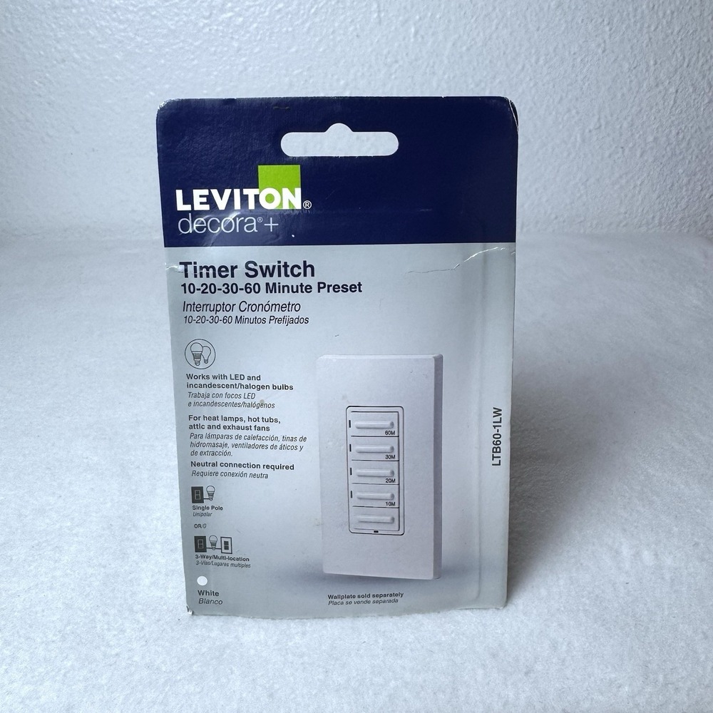 New Leviton Decora LTB60-1LW 10 20 30 60 Minute Preset Countdown Timer Switch